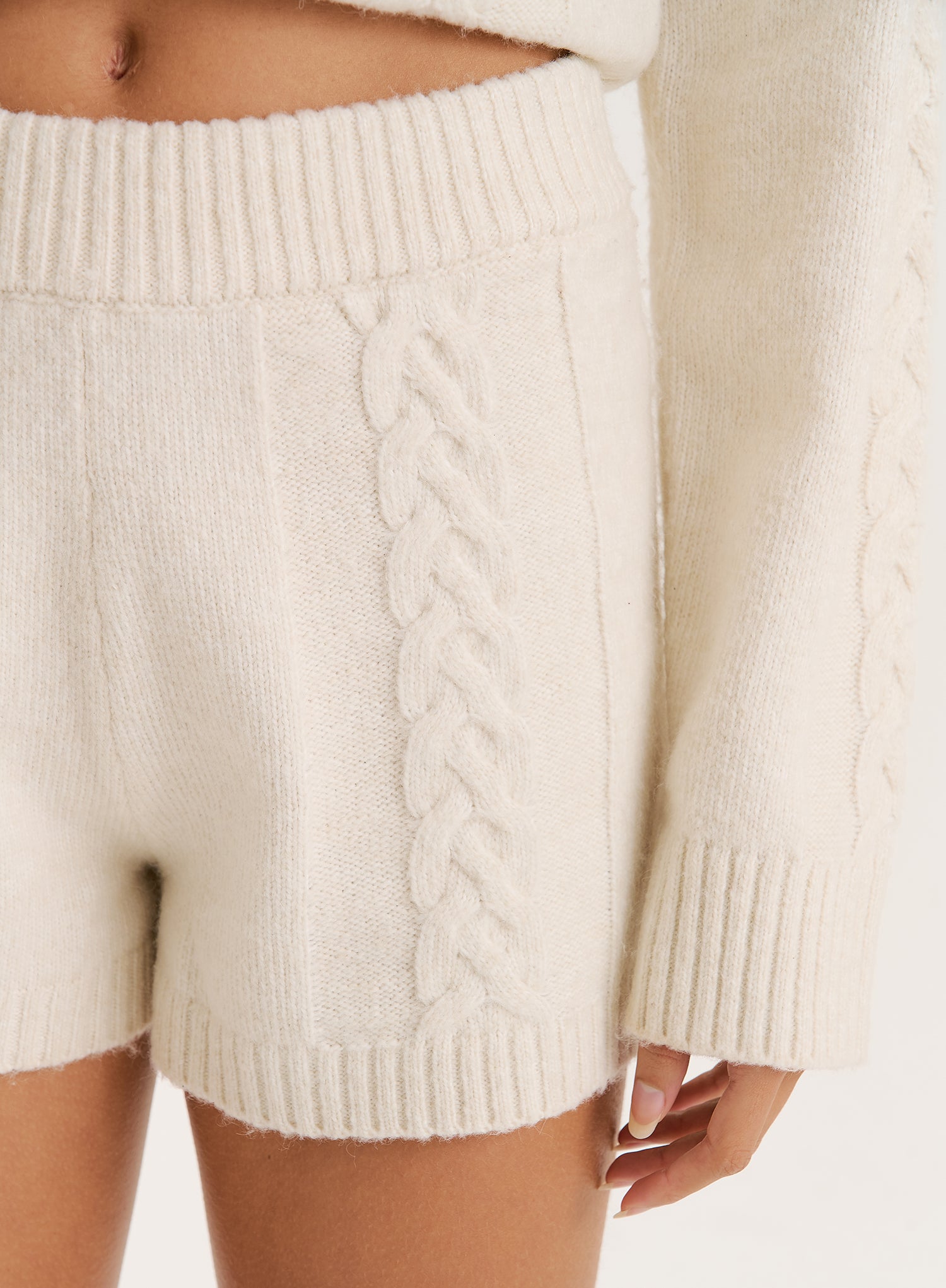 Cream Cable Knit High Waist Shorts